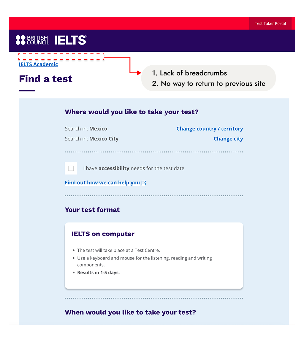 Booking engine page showing a lack of breadcrumbs and no ability for users to return to the previous step