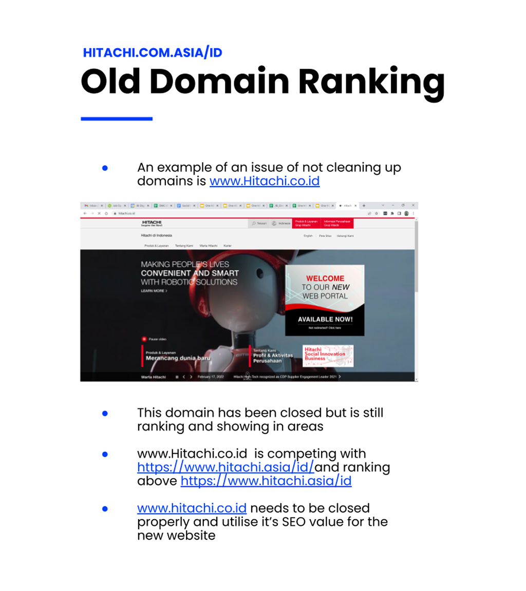 Audit findings highlighting an old domain competing with a current domain on search engines